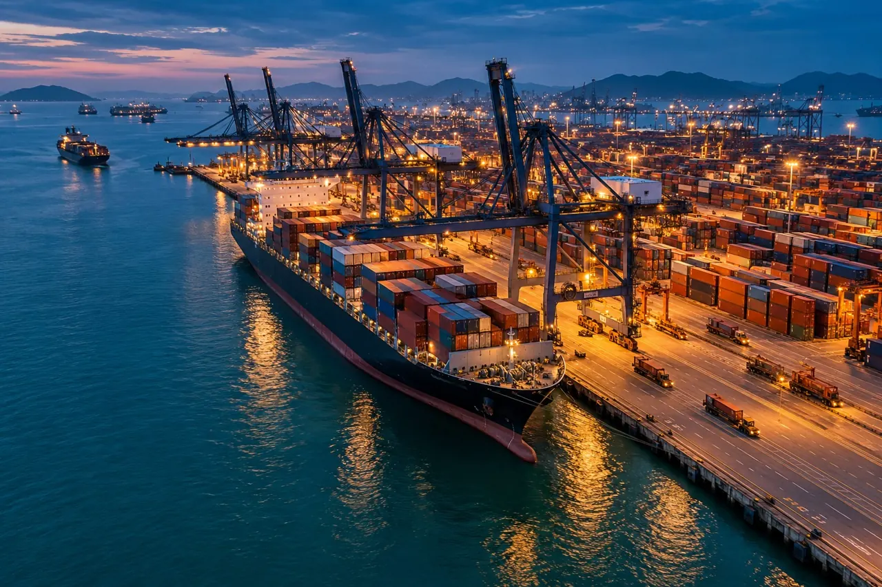 International container port at dusk