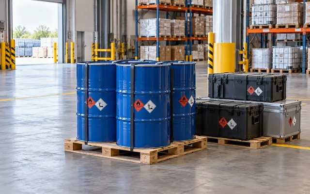 Sealed industrial cargo drums and protective cases in a warehouse staging area