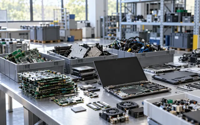 Organized electronic components illustrating producer responsibility and material recovery