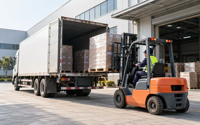 Forklift collecting packed export cargo at a supplier factory loading bay