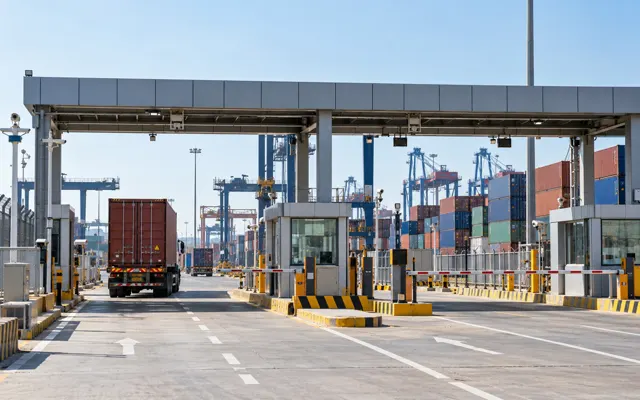 Container terminal entrance checkpoint illustrating customs port registration