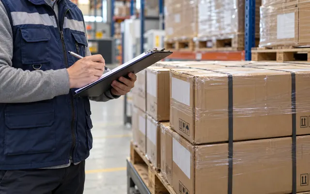 Warehouse supervisor checking export carton documentation