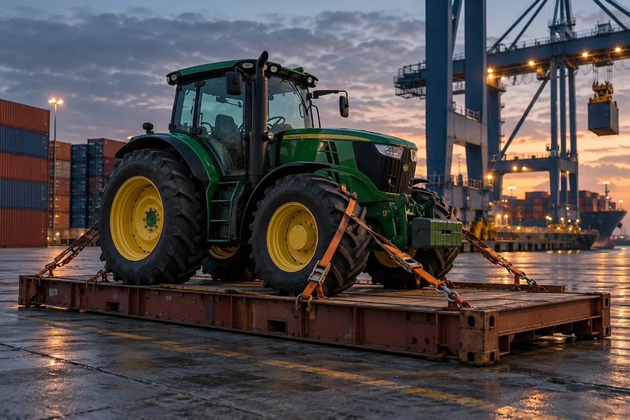 Representative photograph of agricultural equipment prepared for shipment